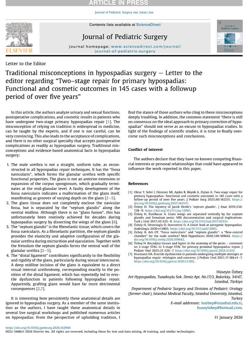 Prof. Dr. Hüseyin Özbey - Hipospadias Ameliyatında Geleneksel Yanılgılar Makalesi, Journal of Pediatric Surgery